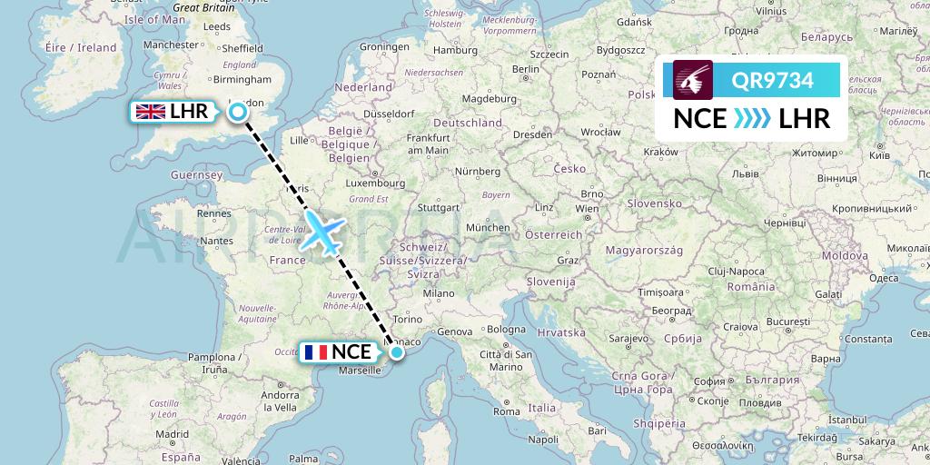 QR9734 Qatar Airways Flight Map: Nice to London