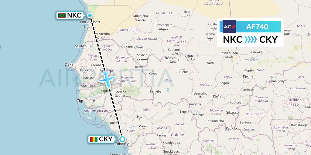 AF740 Air France Flight Map: Nouakchott to Conakry