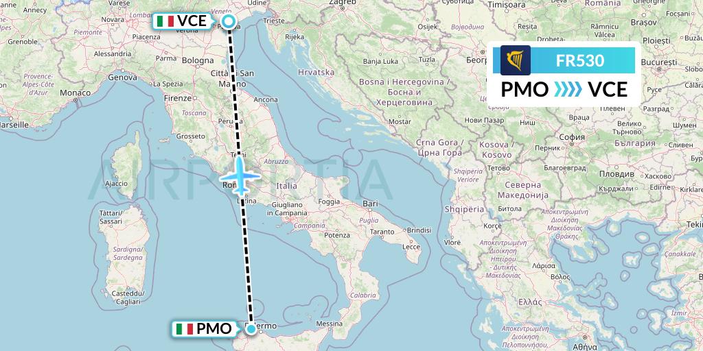 FR530 Ryanair Flight Map: Palermo to Venice