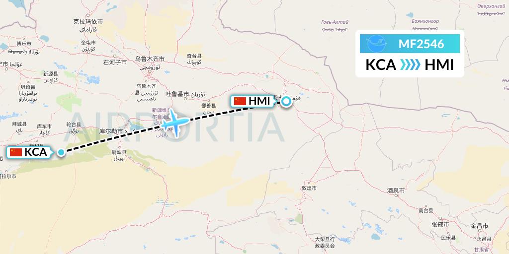 MF2546 Xiamen Airlines Flight Map: Kuqa to Hami City