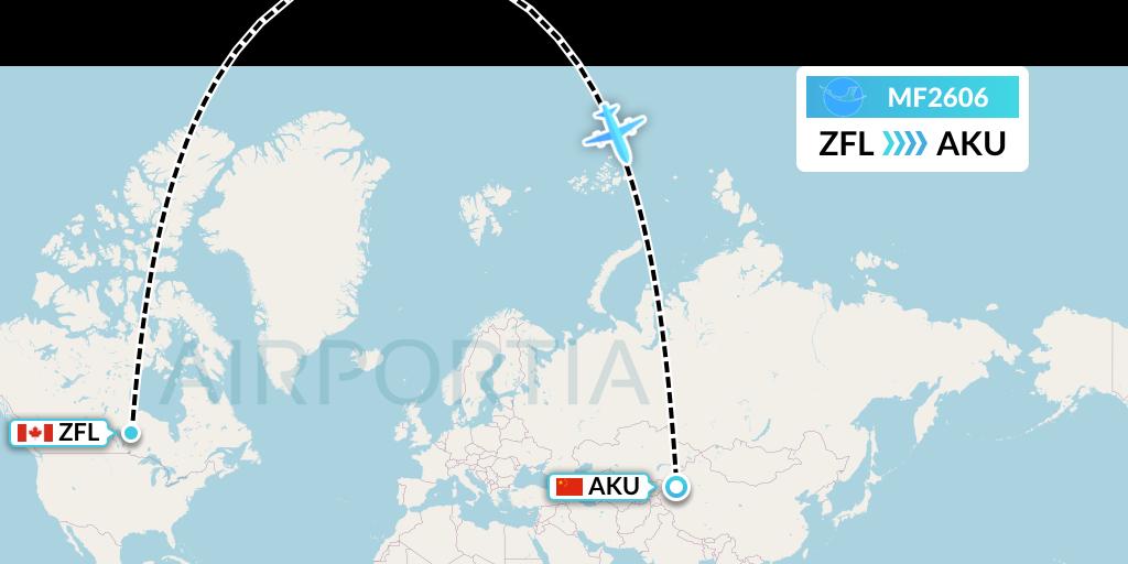 MF2606 Xiamen Airlines Flight Map: South Trout Lake to Aksu