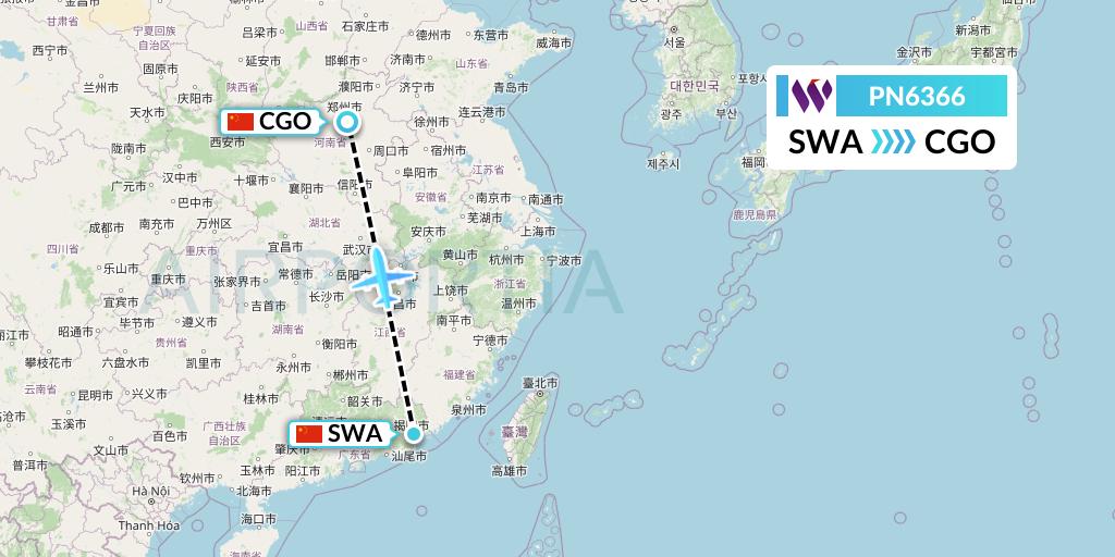 PN6366 China West Air Flight Map: Jieyang to Zhengzhou