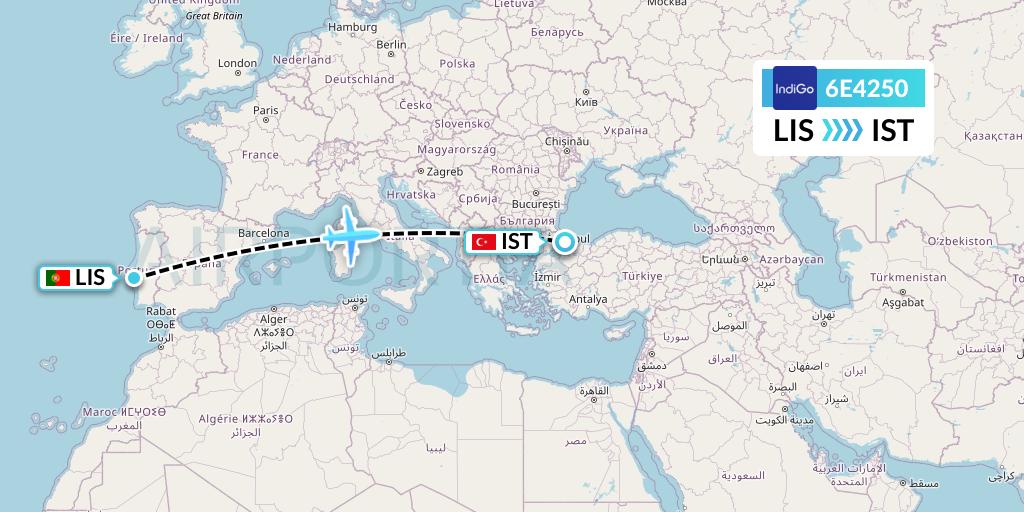6E4250 IndiGo Airlines Flight Map: Lisbon to Istanbul