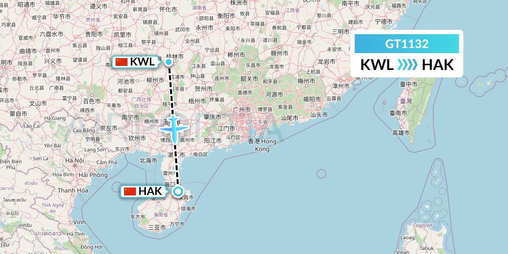 GT1132 Air Guilin Flight Map: Guilin to Haikou