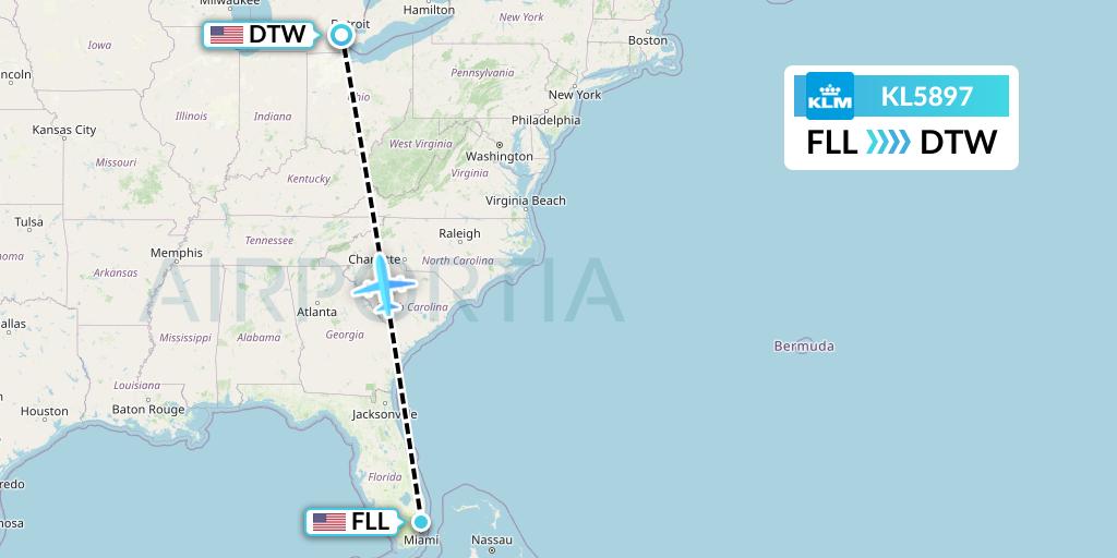 KL5897 KLM Flight Map: Fort Lauderdale to Detroit