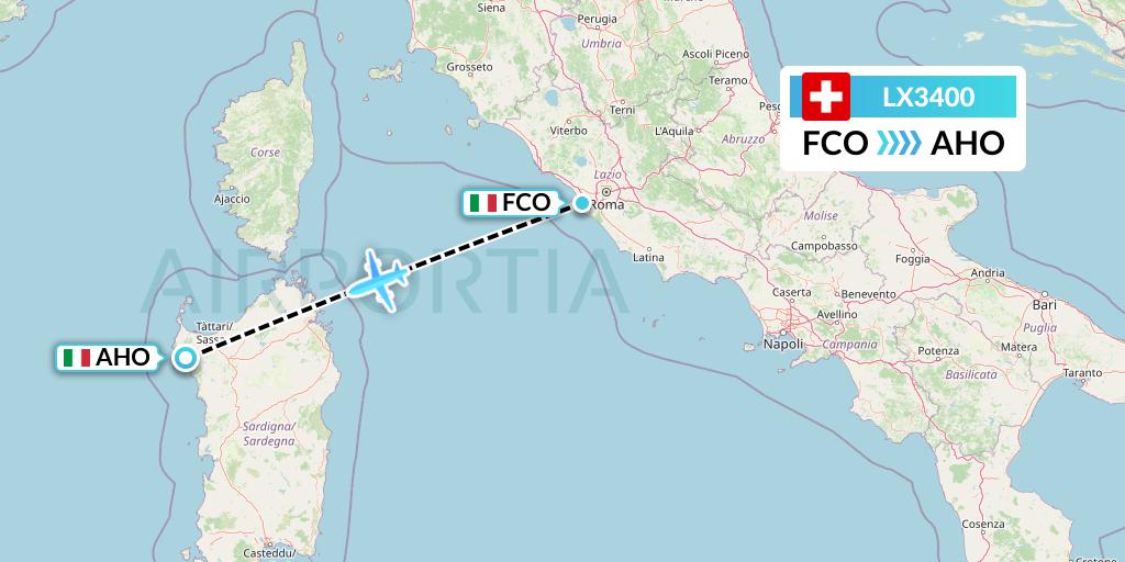 LX3400 Swiss Flight Map: Rome to Alghero