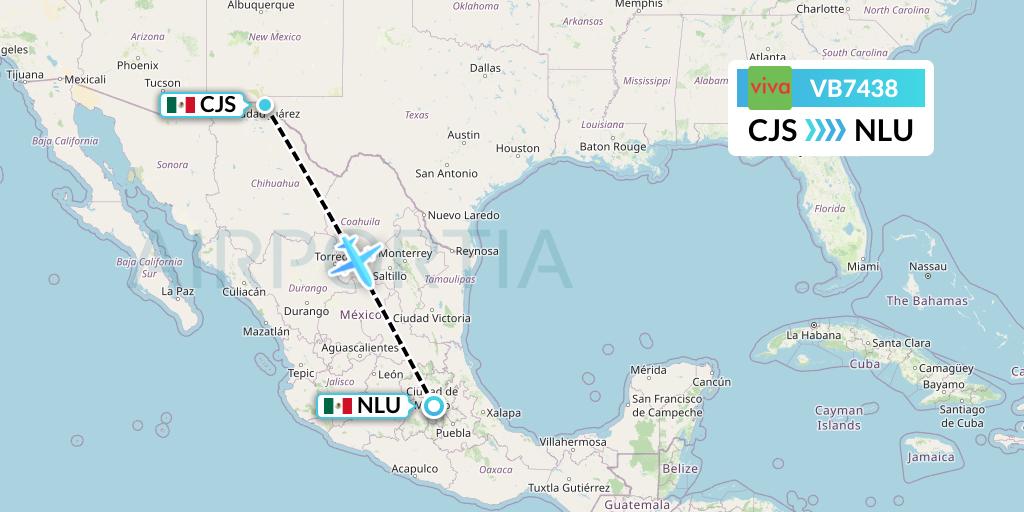 VB7438 VivaAerobus Flight Map: Ciudad Juarez to Reyes Acozac