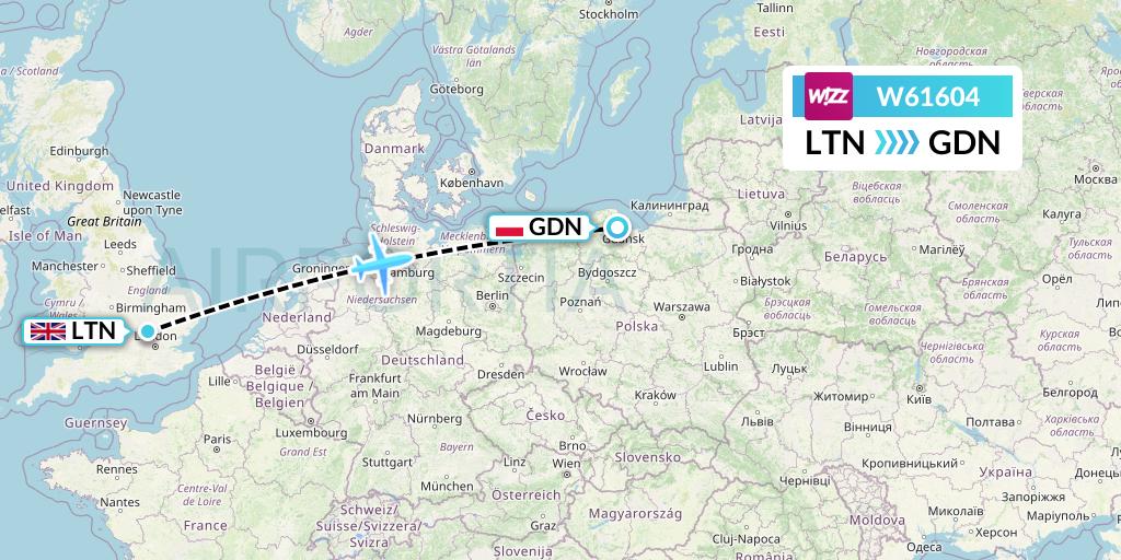 W61604 Wizz Air Flight Map: London to Gdansk