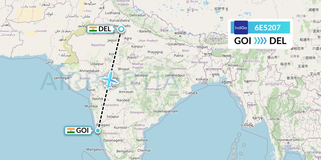 6E5207 IndiGo Airlines Flight Map: Goa to Delhi