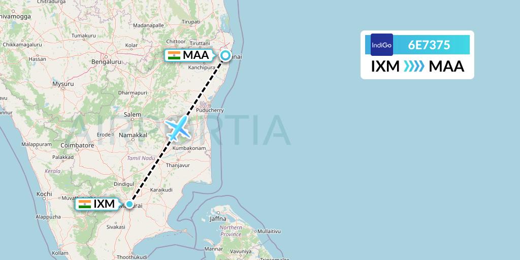 6E7375 IndiGo Airlines Flight Map: Madurai to Chennai