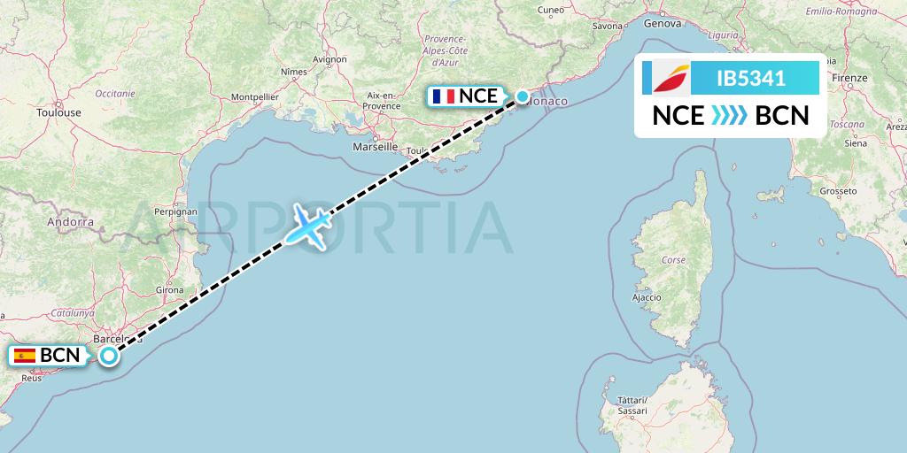IB5341 Iberia Flight Map: Nice to Barcelona