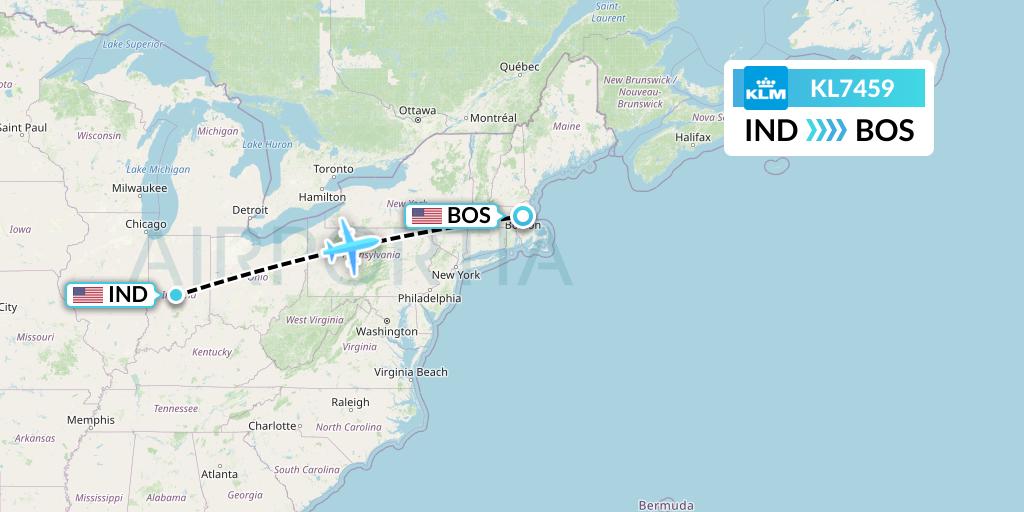KL7459 KLM Flight Map: Indianapolis to Boston
