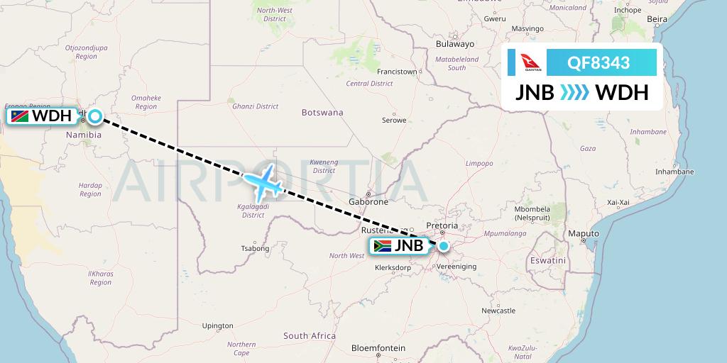 QF8343 Qantas Flight Map: Johannesburg to Windhoek