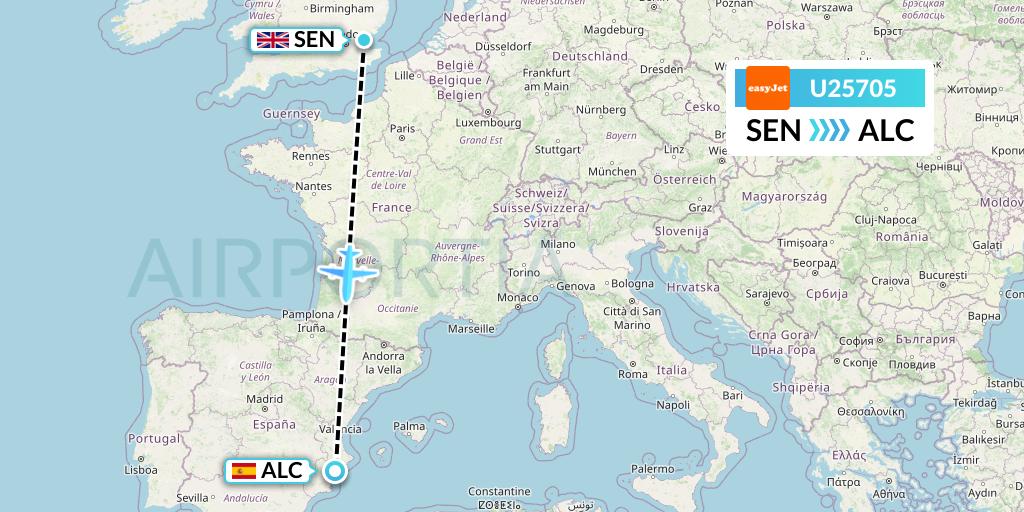 U25705 EasyJet Flight Map: Southend to Alicante
