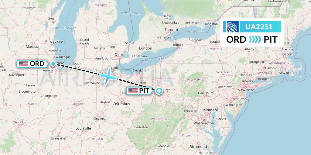 UA2251 United Airlines Flight Map: Chicago to Pittsburgh