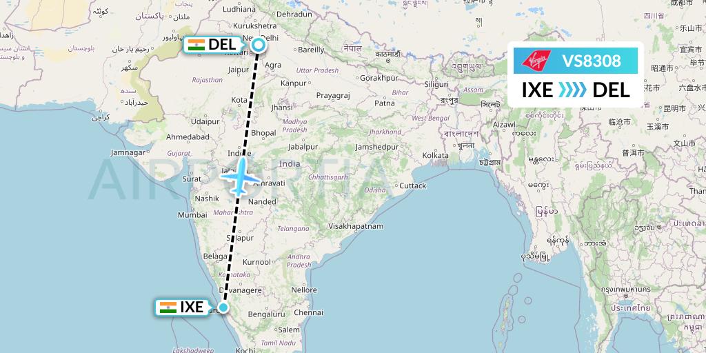 VS8308 Virgin Atlantic Airways Flight Map: Mangalore to Delhi