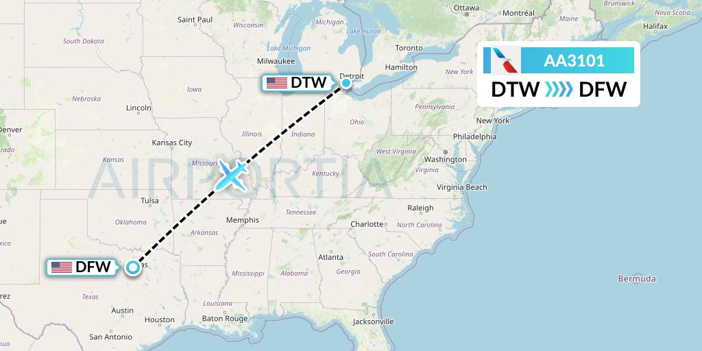 AA3101 American Airlines Flight Map: Detroit to Dallas