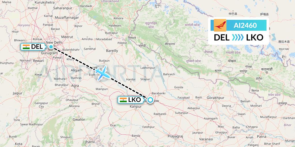 AI2460 Air India Flight Map: Delhi to Lucknow