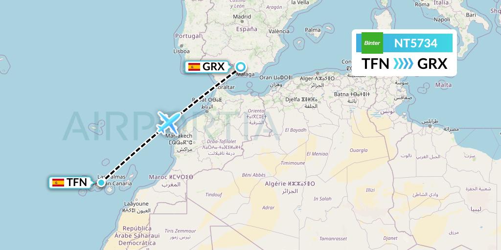 NT5734 Binter Canarias Flight Map: Tenerife to Granada