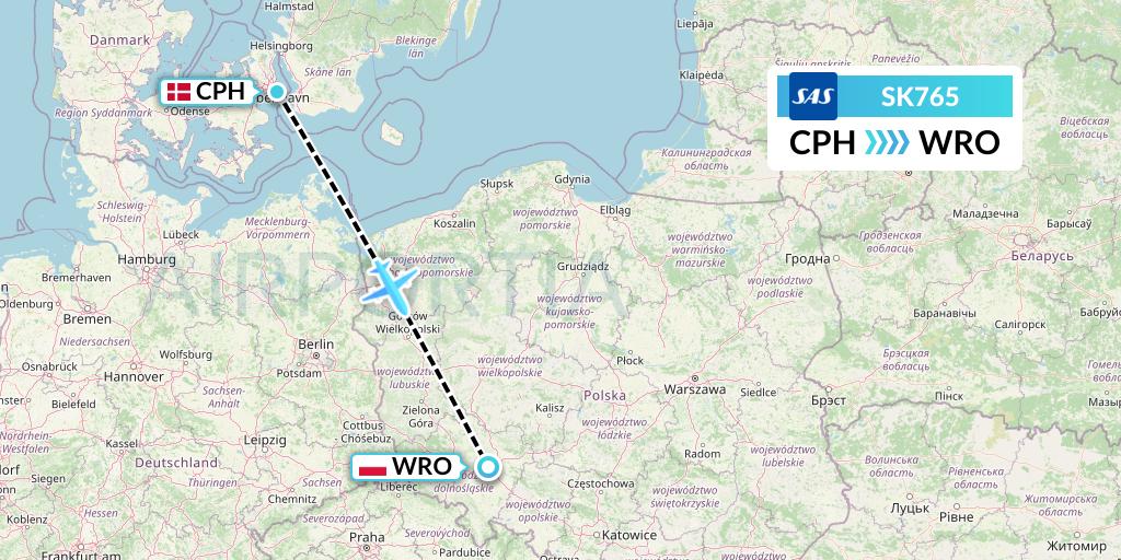 SK765 SAS Flight Map: Copenhagen to Wroclaw