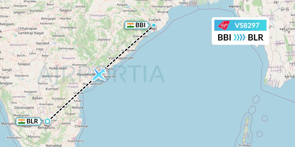 VS8297 Virgin Atlantic Airways Flight Map: Bhubaneswar to Bangalore