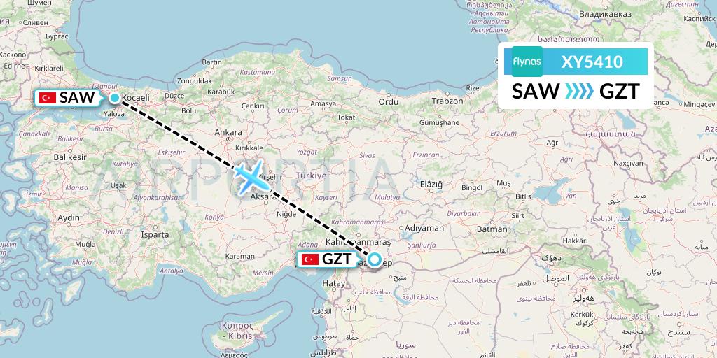 XY5410 Flynas Flight Map: Istanbul to Gaziantep