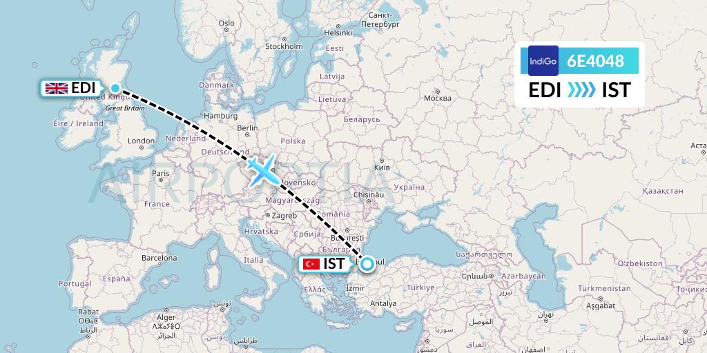 6E4048 IndiGo Airlines Flight Map: Edinburgh to Istanbul