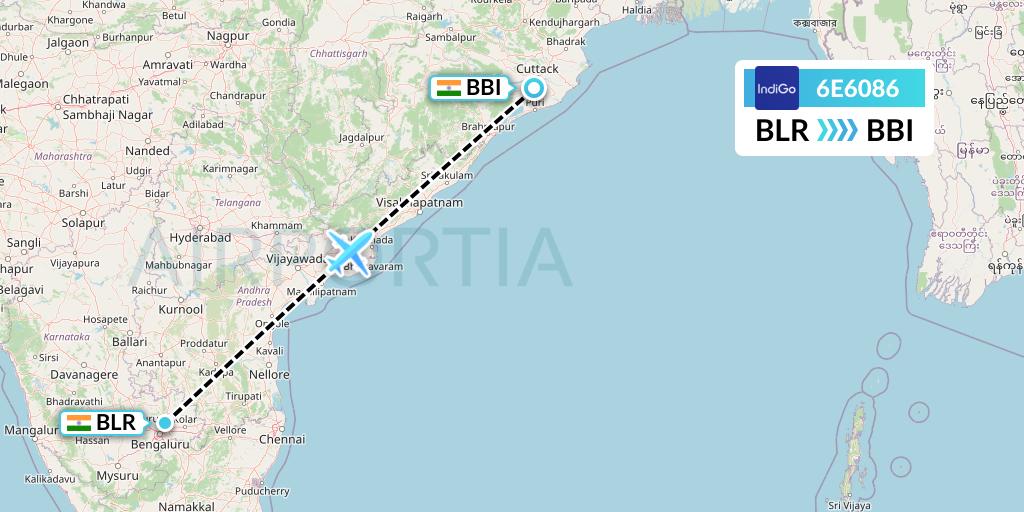 6E6086 IndiGo Airlines Flight Map: Bangalore to Bhubaneswar