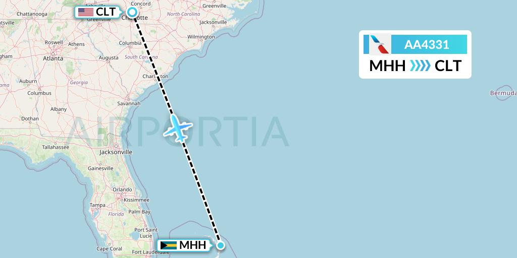 AA4331 American Airlines Flight Map: Marsh Harbour to Charlotte