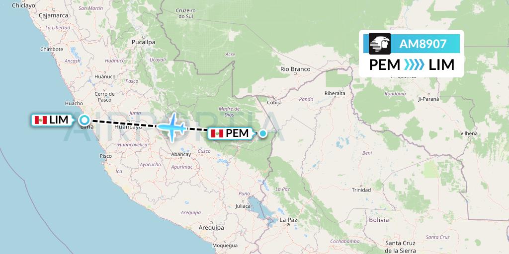 AM8907 Aeromexico Flight Map: Puerto Maldonado to Lima