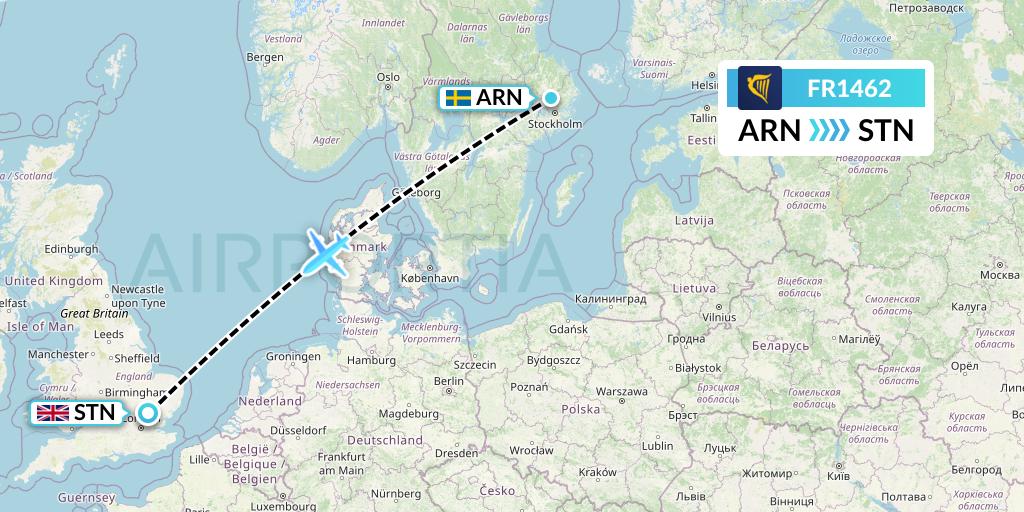 FR1462 Ryanair Flight Map: Stockholm to London