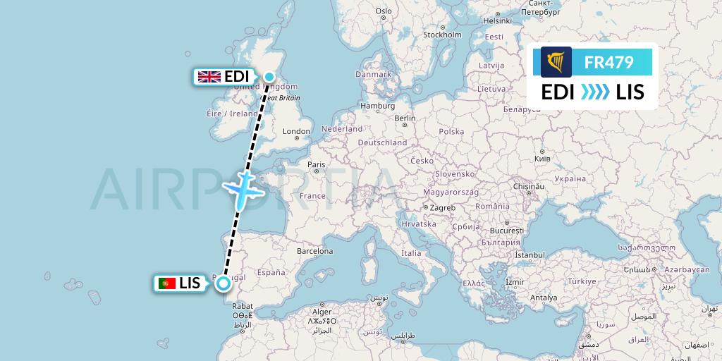 FR479 Ryanair Flight Map: Edinburgh to Lisbon
