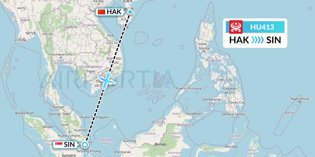 HU413 Hainan Airlines Flight Map: Haikou to Singapore