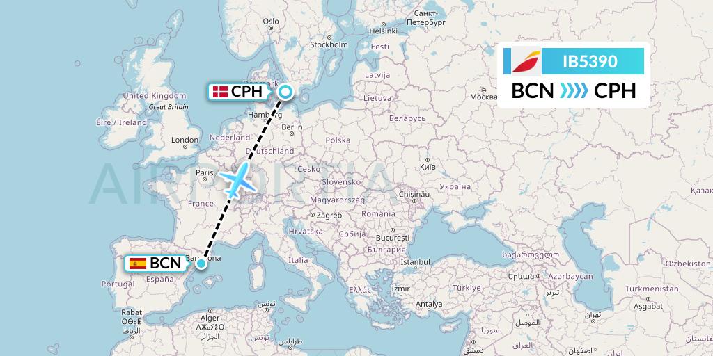 IB5390 Iberia Flight Map: Barcelona to Copenhagen