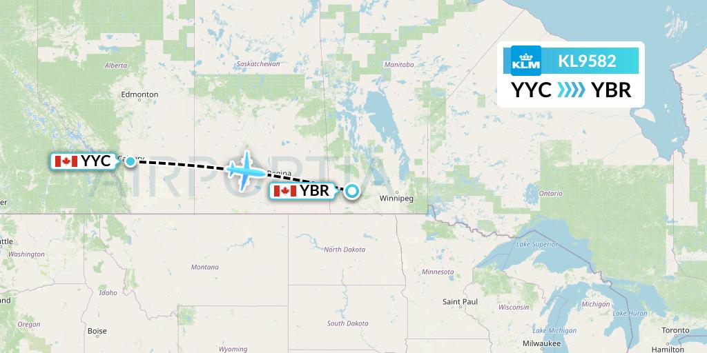 KL9582 KLM Flight Map: Calgary to Brandon
