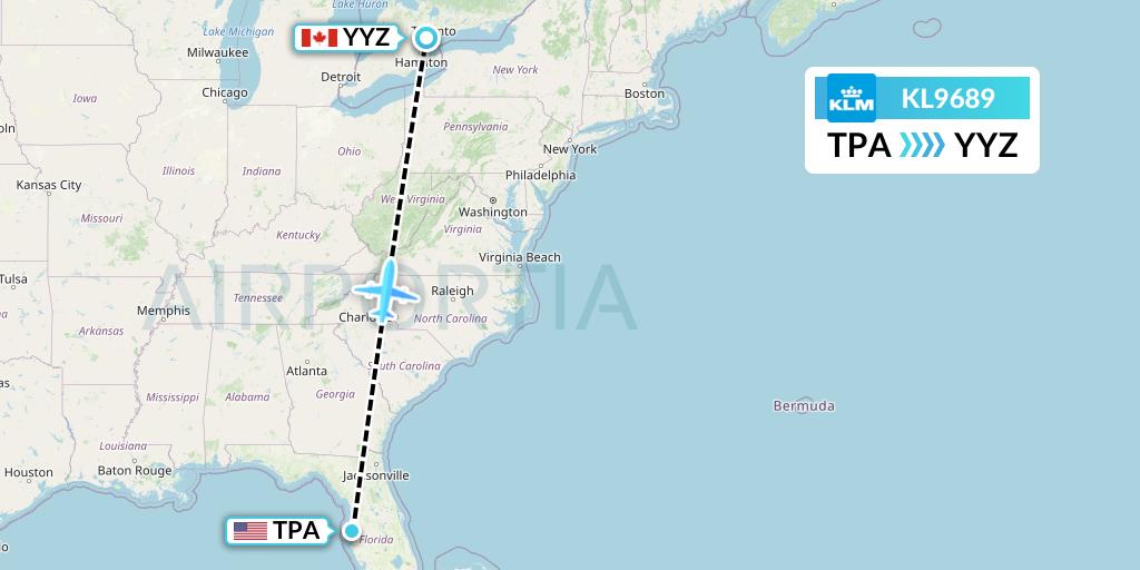 KL9689 KLM Flight Map: Tampa to Toronto