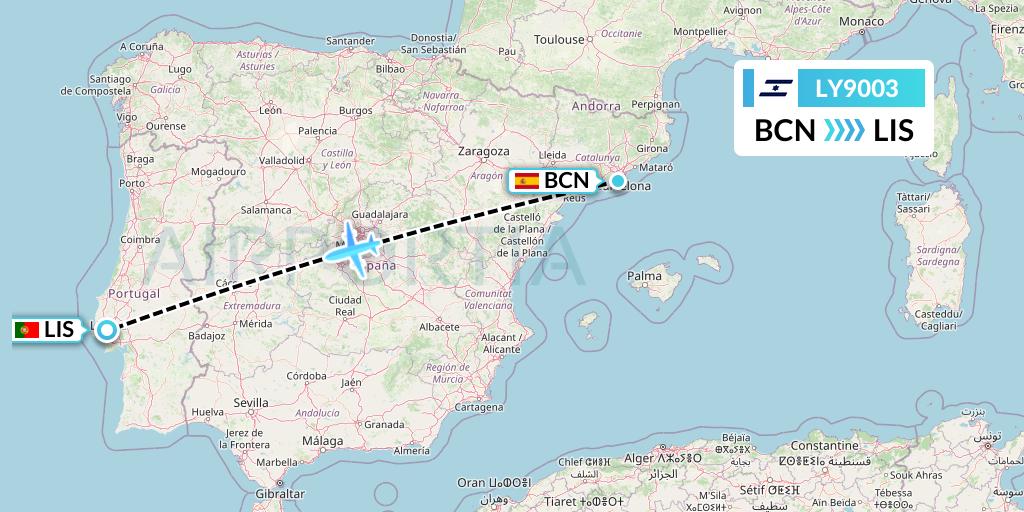 LY9003 El Al Flight Map: Barcelona to Lisbon
