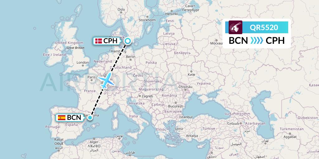 QR5520 Qatar Airways Flight Map: Barcelona to Copenhagen