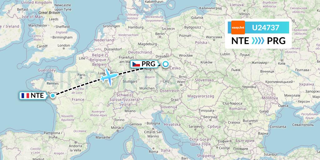 U24737 EasyJet Flight Map: Nantes to Prague
