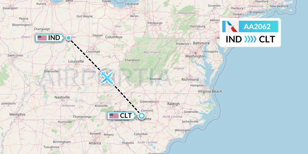 AA2062 American Airlines Flight Map: Indianapolis to Charlotte