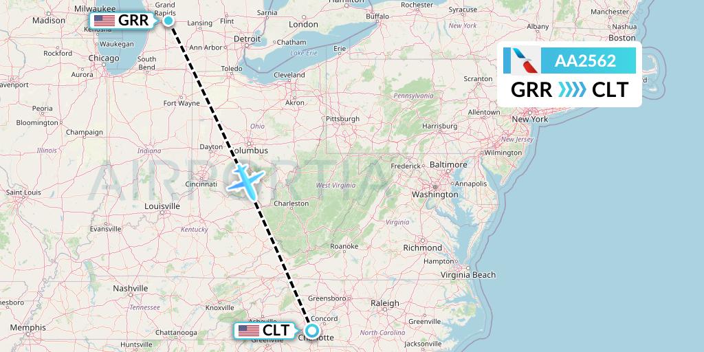 AA2562 American Airlines Flight Map: Grand Rapids to Charlotte