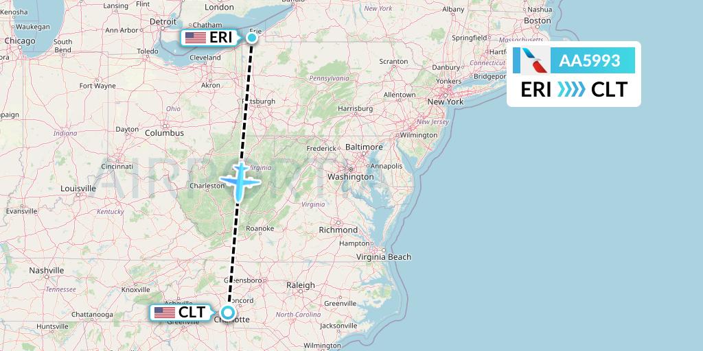 AA5993 American Airlines Flight Map: Erie to Charlotte