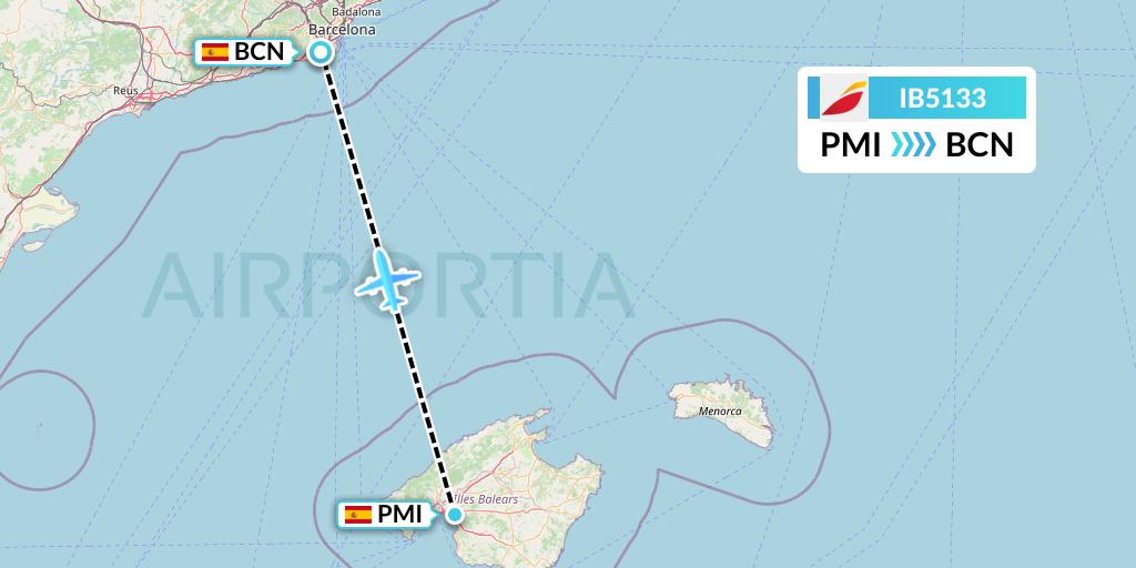 IB5133 Iberia Flight Map: Palma de Mallorca to Barcelona