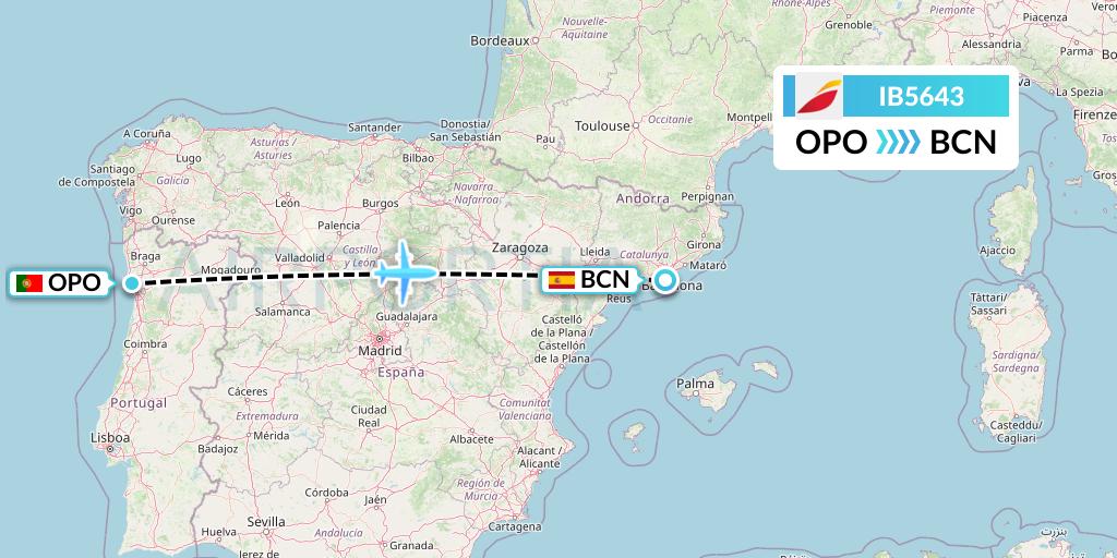 IB5643 Iberia Flight Map: Porto to Barcelona