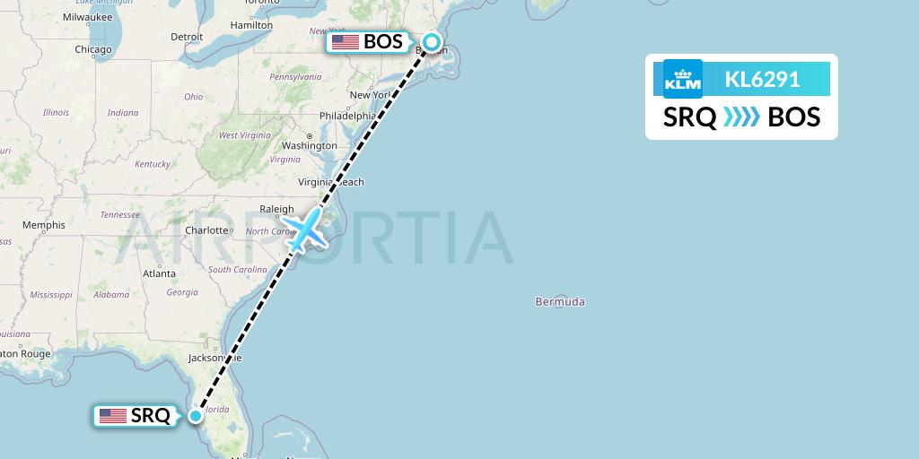 KL6291 KLM Flight Map: Sarasota to Boston