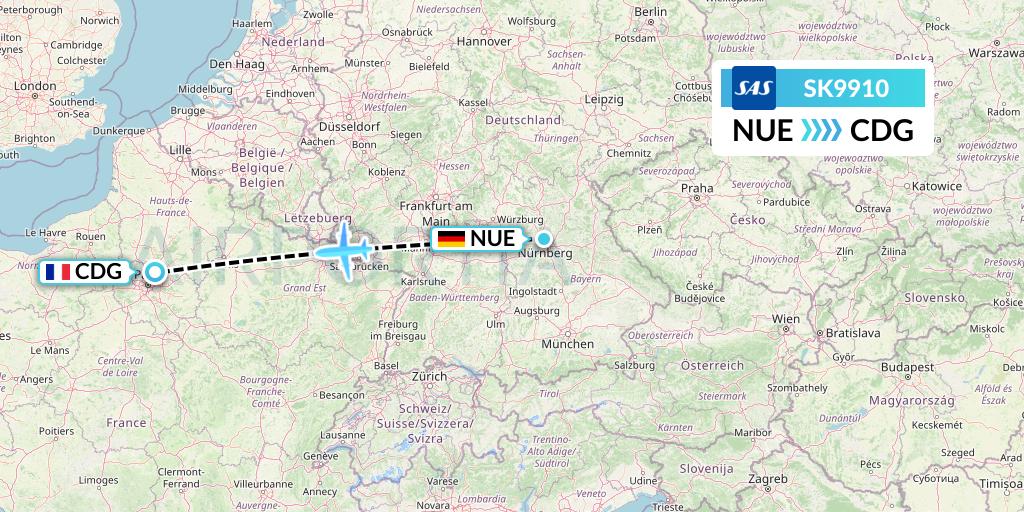 SK9910 SAS Flight Map: Nurnberg to Paris