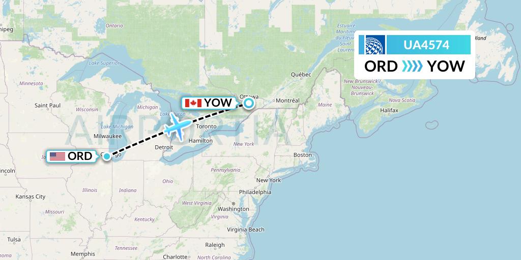 UA4574 United Airlines Flight Map: Chicago to Ottawa