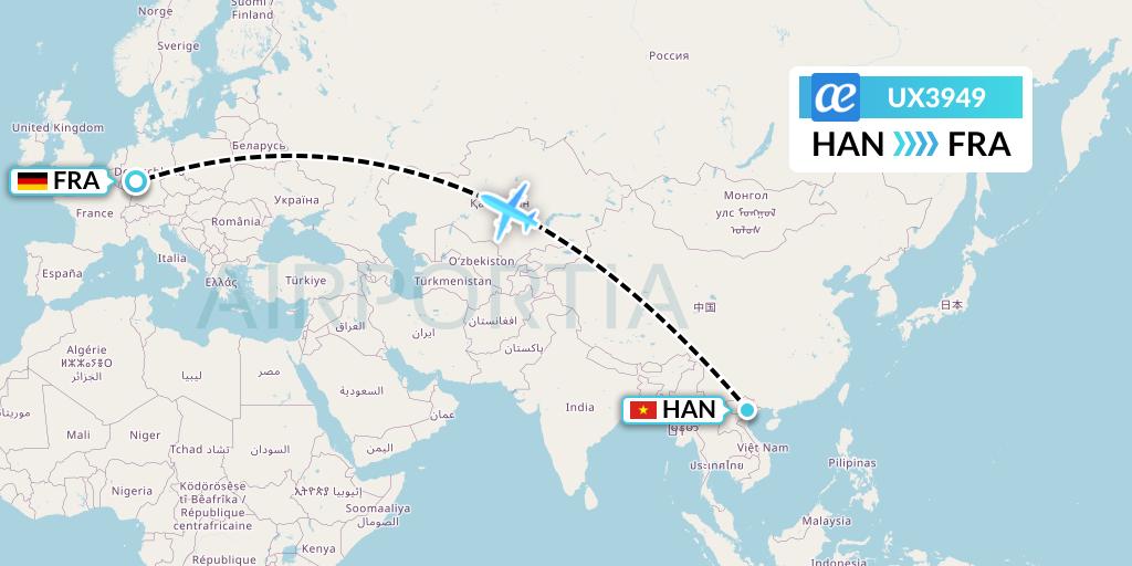 UX3949 Air Europa Flight Map: Hanoi to Frankfurt