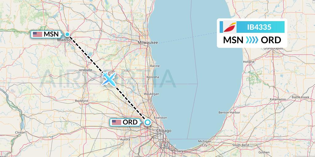 IB4335 Iberia Flight Map: Madison to Chicago