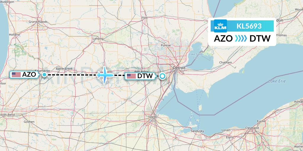 KL5693 KLM Flight Map: Kalamazoo to Detroit